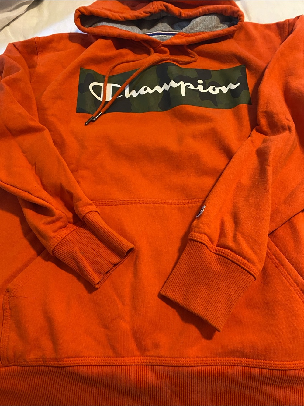 Champion Orange Hoodie with Camo Logo
